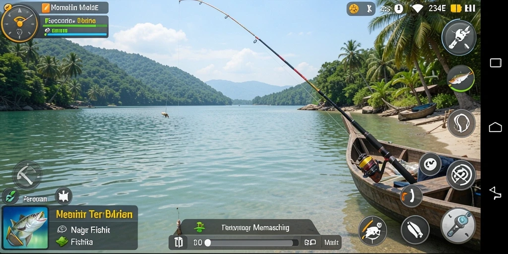 Screenshot gameplay 234E yang menggambarkan aksi memancing yang seru.