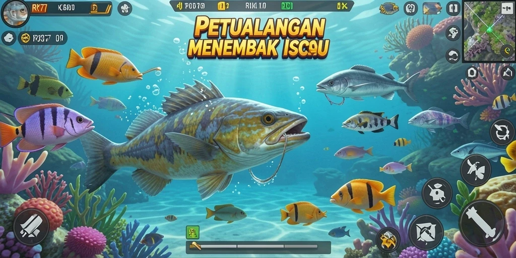 Screenshot gameplay <strong>RK77</strong> menampilkan aksi seru menembak ikan.