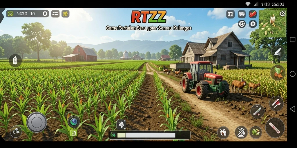 Tampilan gameplay RTZZ saat merawat pertanian dan hewan.