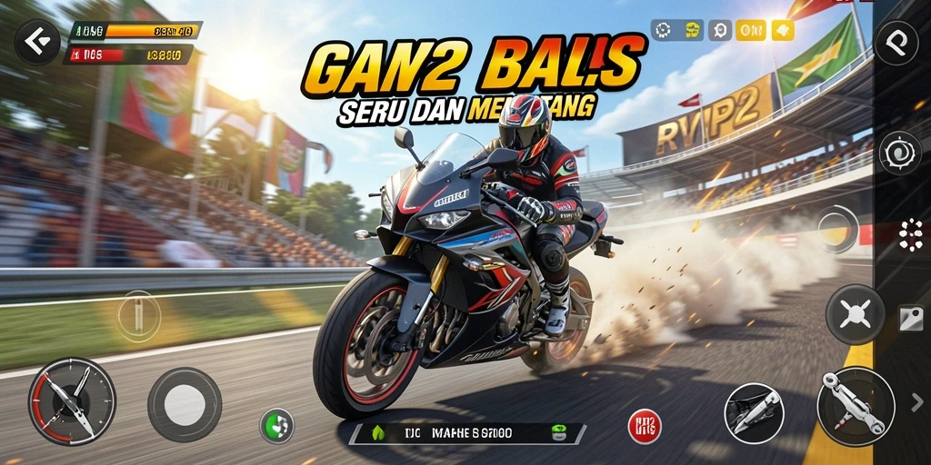 Tampilan gameplay seru di RVIP2 saat balapan motor.