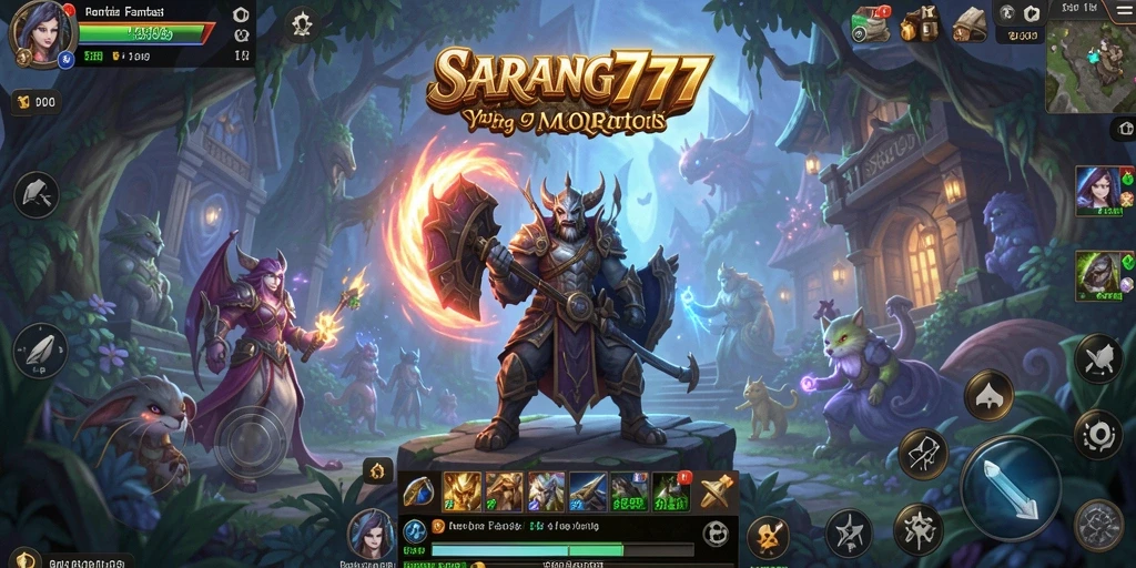 Tampilan gameplay epik dalam MMORPG SARANG777 dengan karakter dan monster.